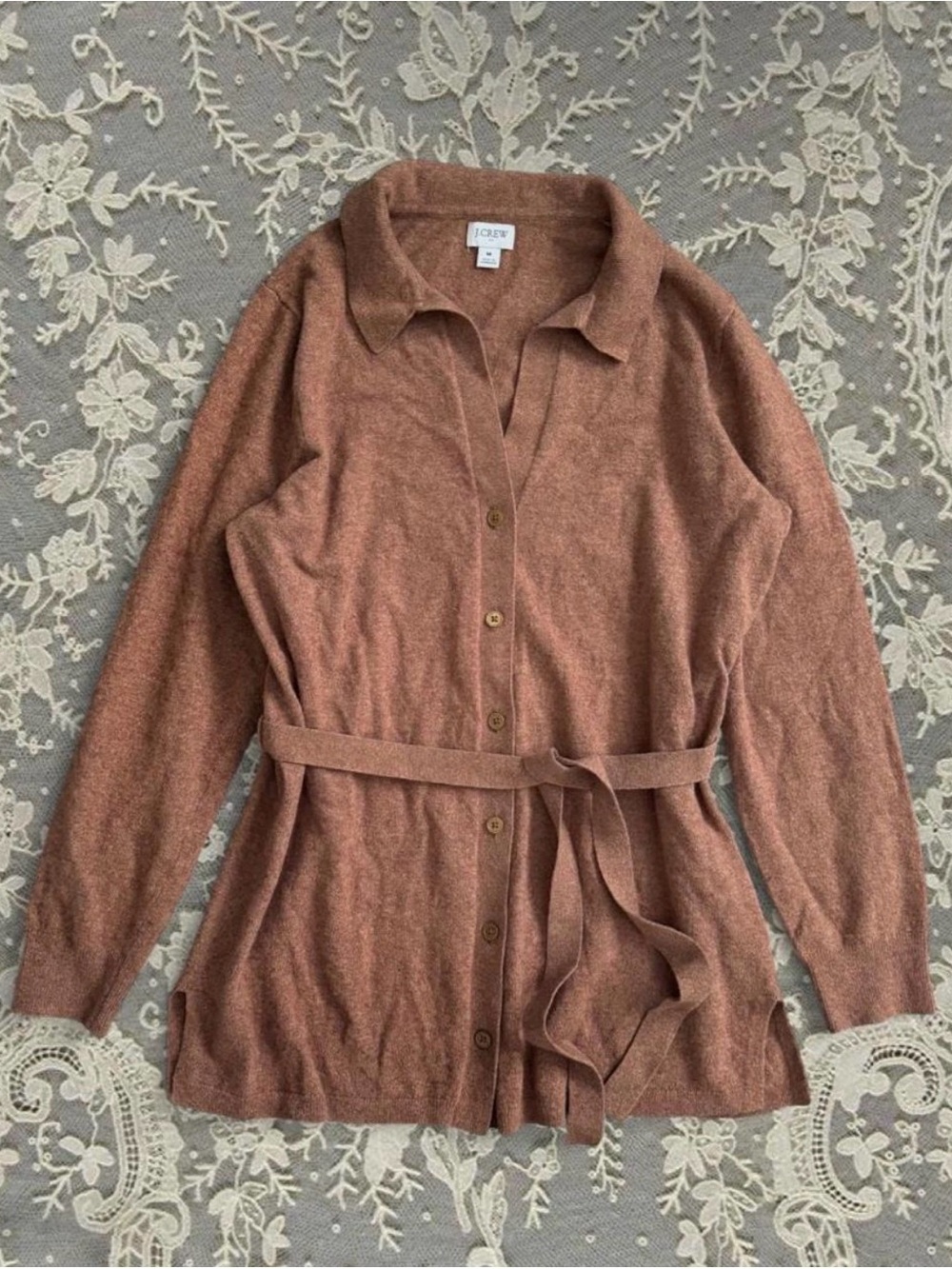 J.Crew Wool Blend Cardigan Dark Caramel Button Front Tie Belt Preppy Minimalist